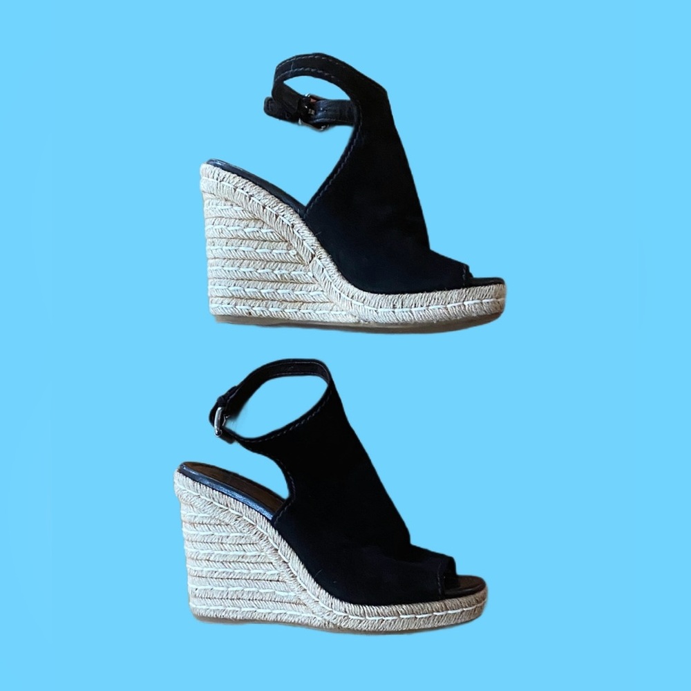 Prada Black leather suede open toe Wedge Sandals 8.5